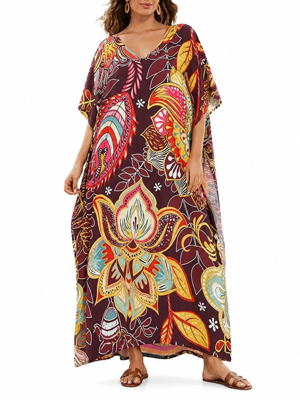 Gypsie Blu Multicolor Leaf Print V-Neck Maxi Dress Kaftan Beachwear Cover Up
